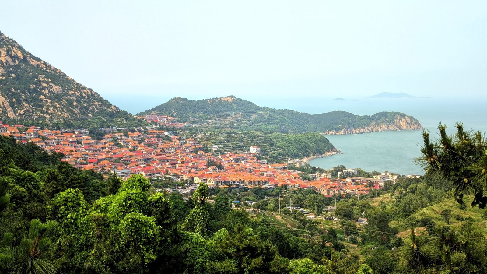 Red-roofed coastal village seen from the hills during the Jinma Technology retreat